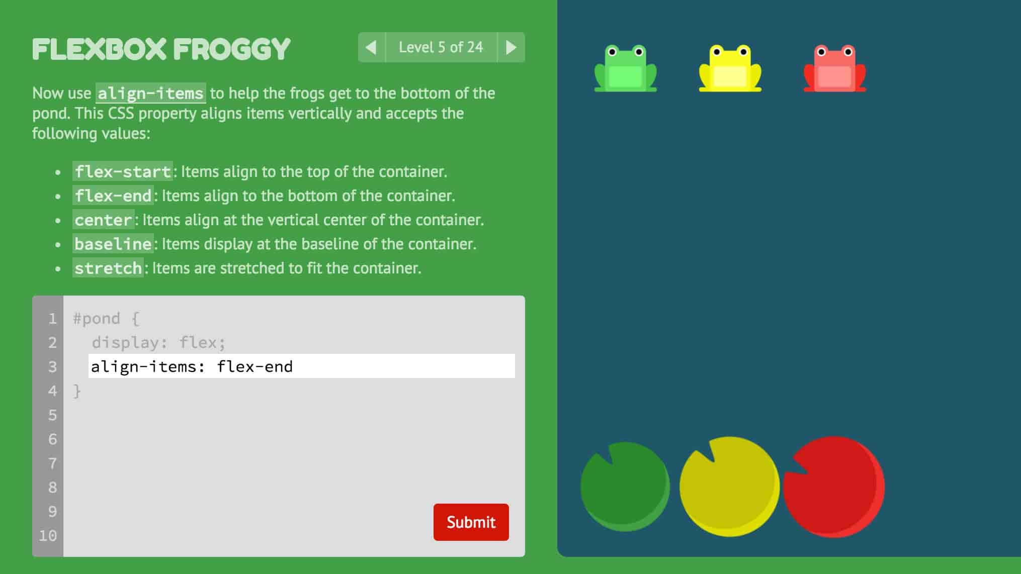 Screenshot of Flexbox Froggy
